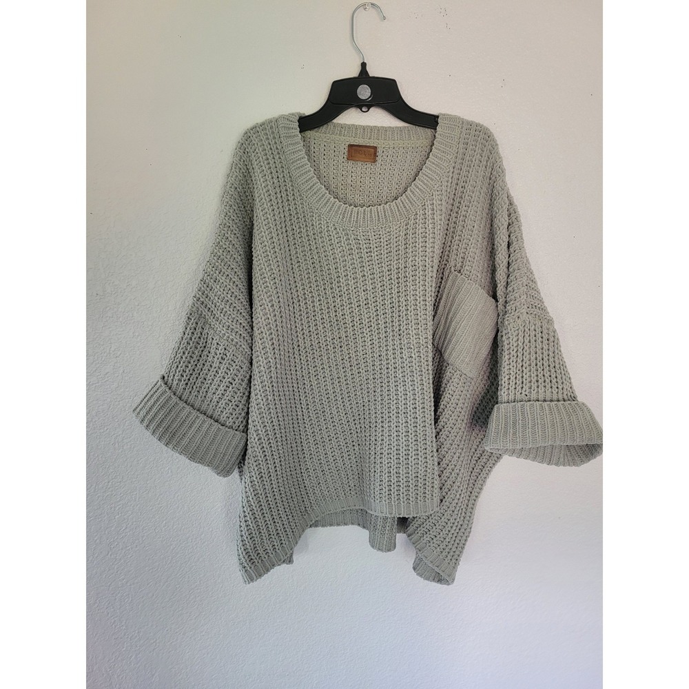 POL Sage Green Chenille Chunky Knit Oversized Sweater Scoop Neck Pocket M #6‎